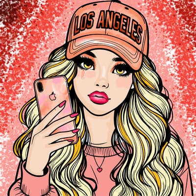 realistic beautiful girl wearing los ángeles cap holding an iphone