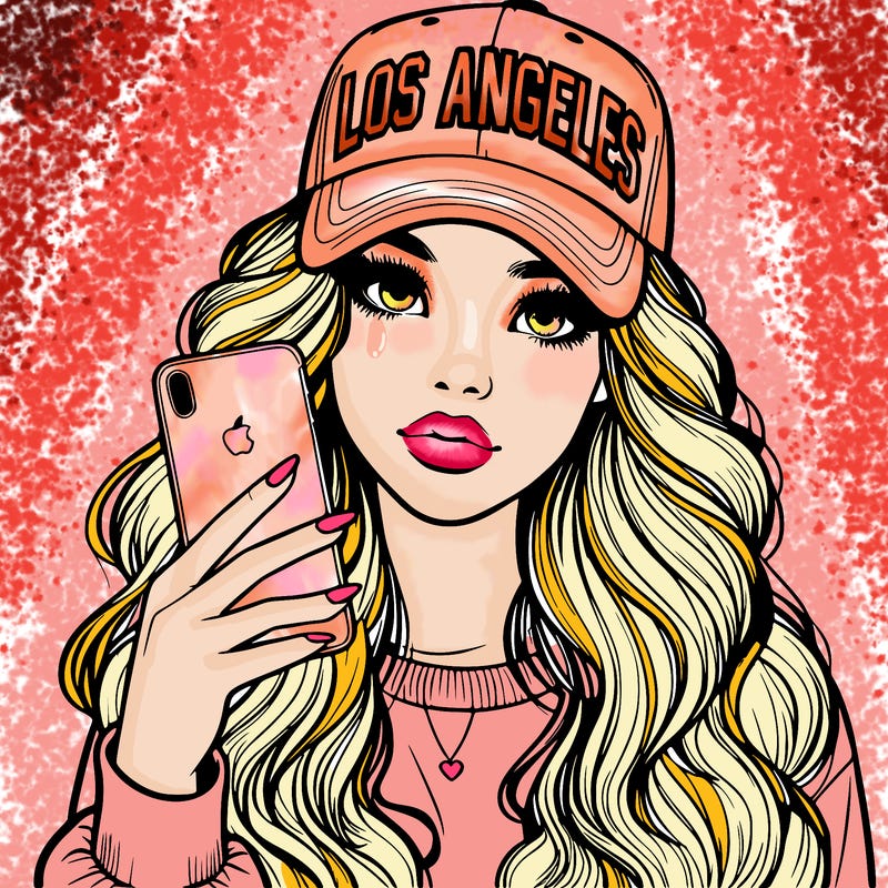 realistic beautiful girl wearing los ángeles cap holding an iphone