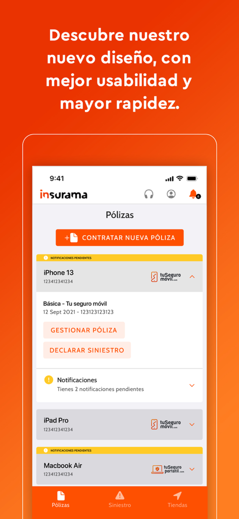 Insurama - Interfaz de la app móvil Insurama mostrando una lista de dispositivos electrónicos asegurados con opciones para gestionar pólizas y presentar reclamaciones.