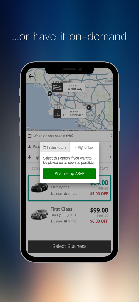 Opoli - Opoli app interface showing on-demand luxury car service options and fixed pricing in Los Angeles