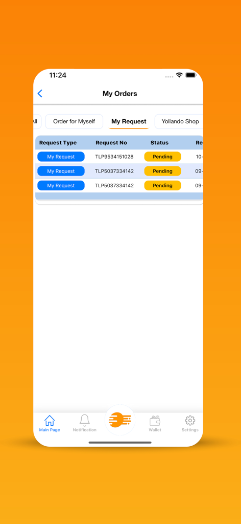Yollando Global Shopping - A screenshot of the Yollando app showing the My Orders screen with a list of pending shopping requests including request numbers and status