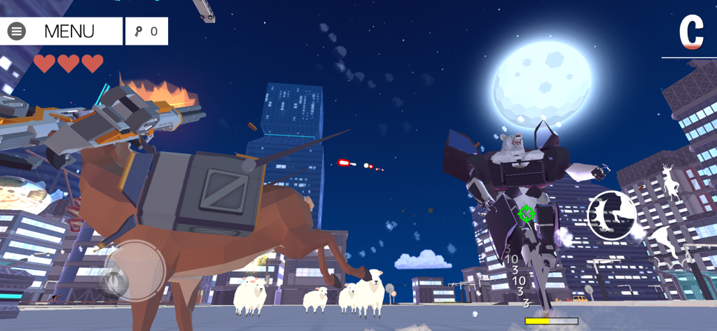 An armed deer character battling a giant robotic bear in a low poly city at night