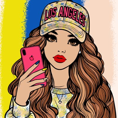 realistic beautiful girl wearing los ángeles cap holding an iphone
