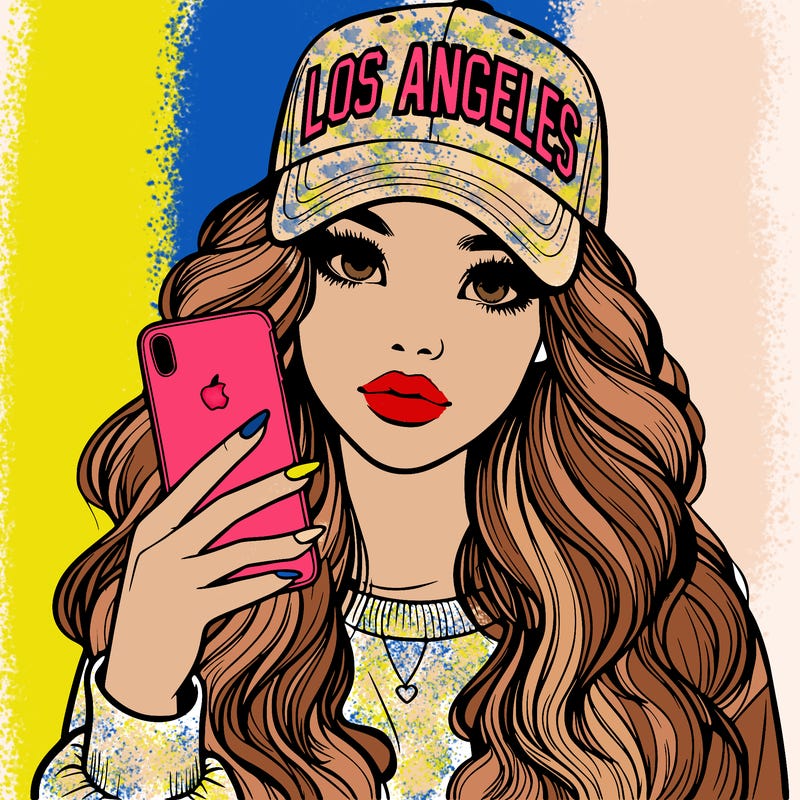 realistic beautiful girl wearing los ángeles cap holding an iphone