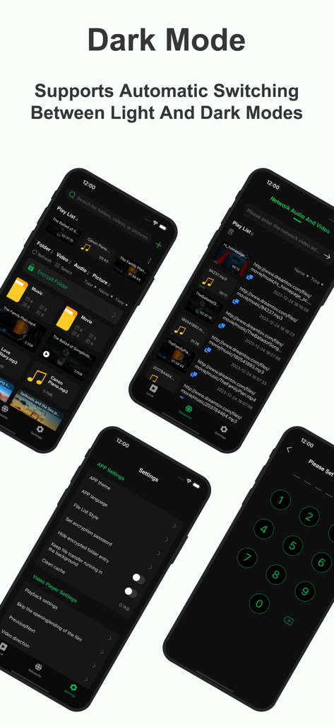 Galaxy Player app screens showing dark mode interface and file management features.