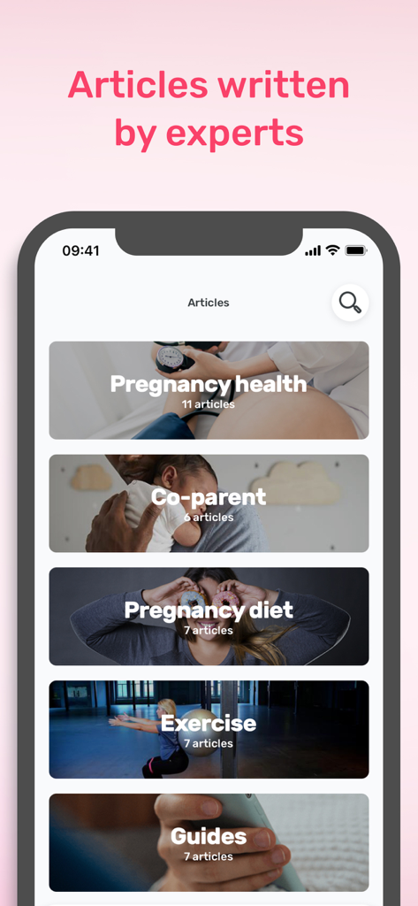 Preggers | Pregnancy tracker - Preggers app screen showing categories of expert written articles for pregnancy health diet and exercise
