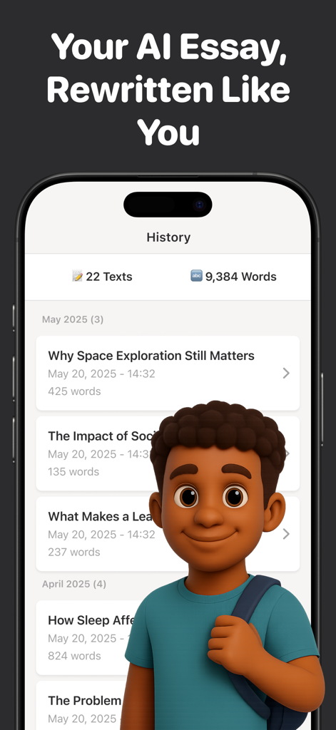 A screenshot showing the history of humanized AI essays in the ZeroAI app with a student character illustration