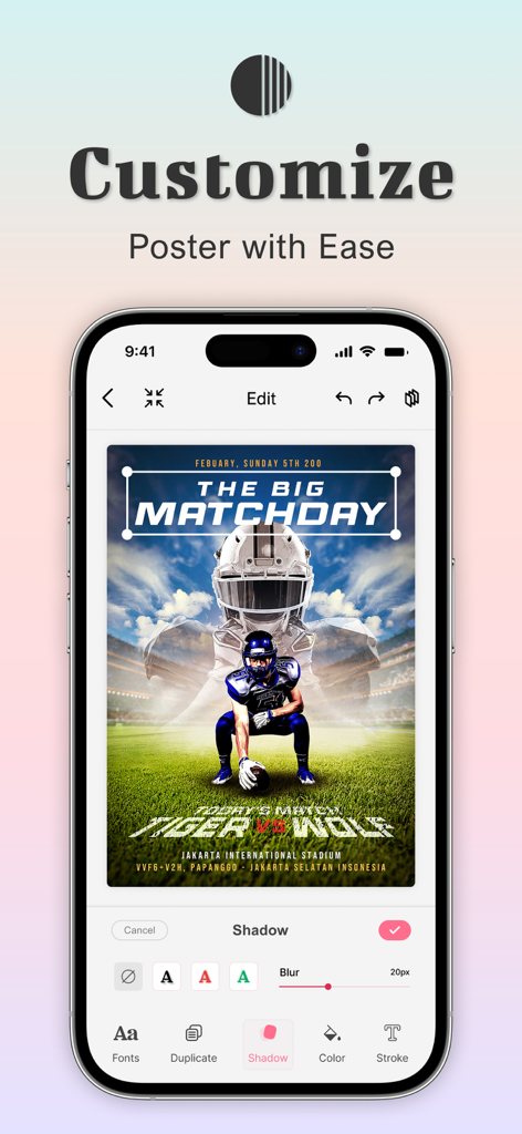 Poster Maker - Flyer Maker Ads - Mobile app interface showing how to customize a sports poster template on an iPhone