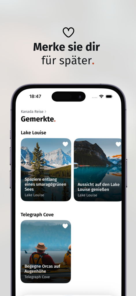 Wildful Stories: Roadtrip App - Interfaz de la aplicación Wildful Stories que muestra destinos de viaje y experiencias de vida silvestre marcados para un roadtrip en Canadá