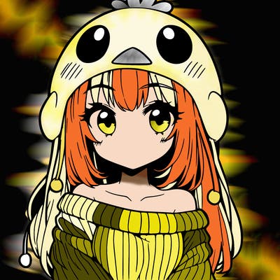 anime girl with chick shaped hat with sweater with bare shoulders with bangs covering them one eye with low tail