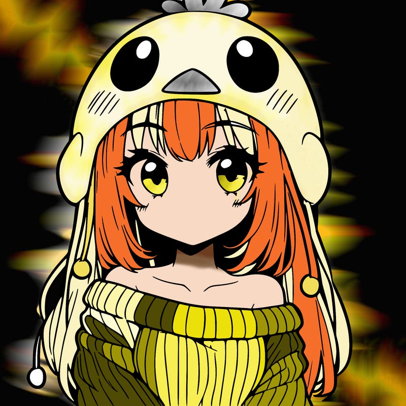 anime girl with chick shaped hat with sweater with bare shoulders with bangs covering them one eye with low tail