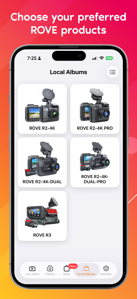 Rove Dash Cam - Rove Dash Cam app interface showing a selection of different dash cam models like R2-4K and R3