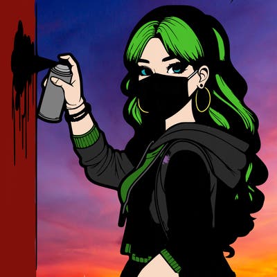 realistic girl with mask spray painting a wall