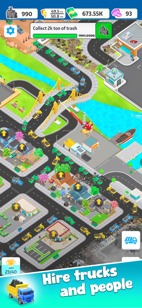 Top down view of a city management game where multiple garbage trucks clean streets and collect waste