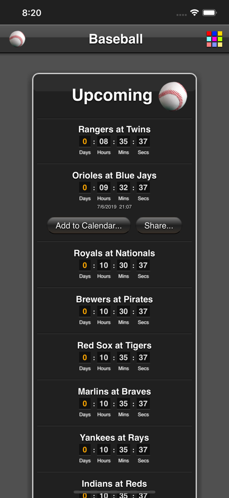 A list of upcoming MLB baseball games with real-time countdown timers and options to add to calendar.