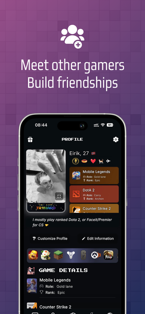 Arena - Meet Gamers - Un profilo di giocatore nell'app Arena che mostra informazioni utente e rank competitivi per giochi come Mobile Legends e DotA 2