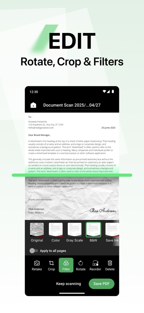 Interfaz de la aplicación Lens PDF Scanner que muestra opciones de edición de documentos, incluyendo filtros, rotar y recortar.