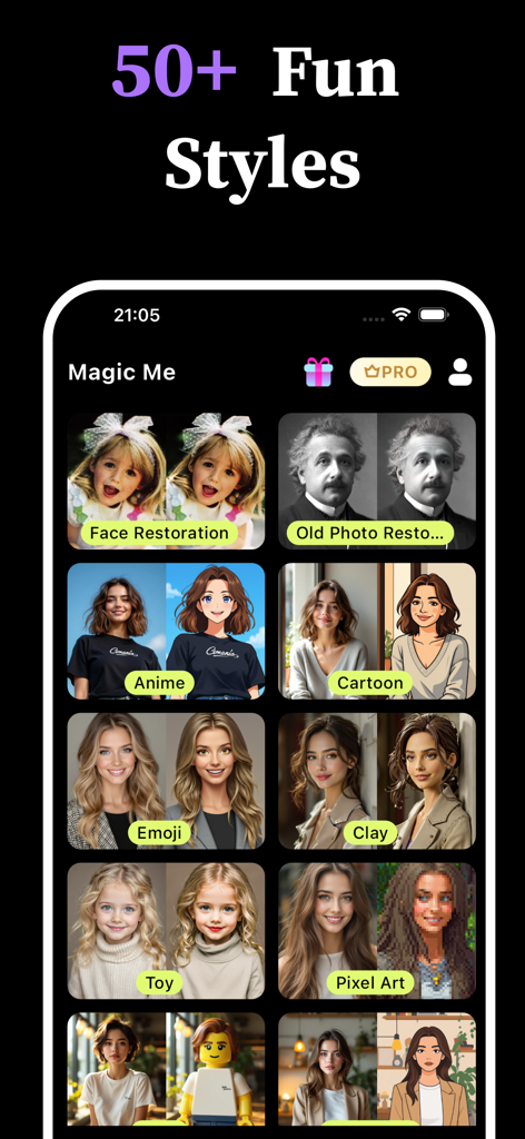 Magic Me: AI Photo to Video - Interfaz de la aplicación Magic Me mostrando varios filtros y estilos de fotos IA como anime, caricatura y restauración
