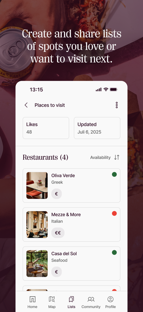 Dinee - Dinee App-Oberfläche, die eine kuratierte Liste von Restaurants mit Verfügbarkeit und Social-Engagement-Statistiken anzeigt