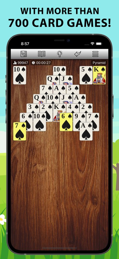 700 Solitaire Games Collection - Screenshot of a Pyramid Solitaire game on a wooden background from the 700 Solitaire Games Collection app.