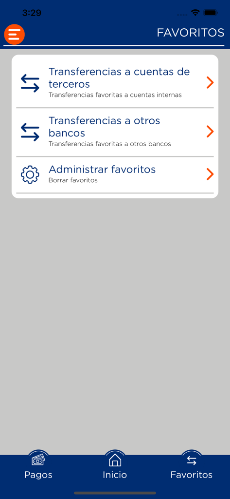 Interfisa Banco mobile app interface showing favorite transfer options to third party accounts and other banks