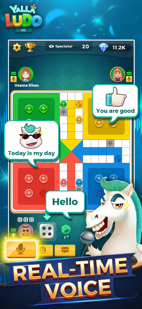 Gameplay of Yalla Ludo HD on iPad featuring real time voice chat and interactive social bubbles during a match