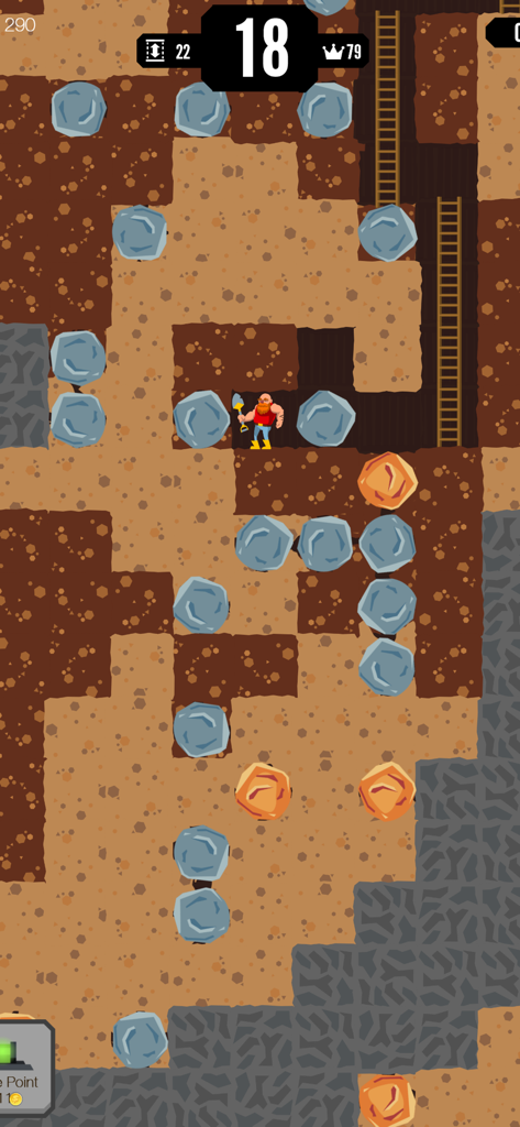 Gameplay screenshot of Gold Digger FRVR showing a miner character navigating an underground cave filled with rocks and gold ore
