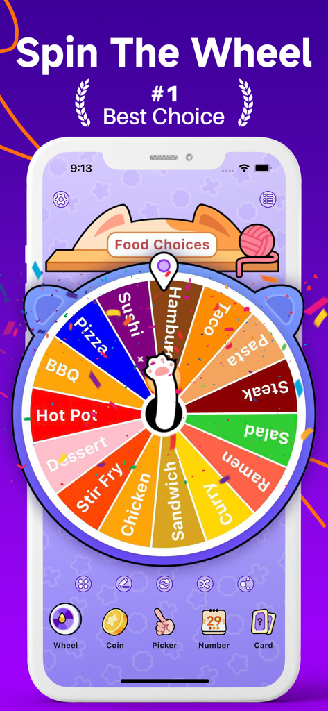 Wheel Spinner • Random Picker - A colorful mobile app spin wheel for making random food choices with various restaurant options