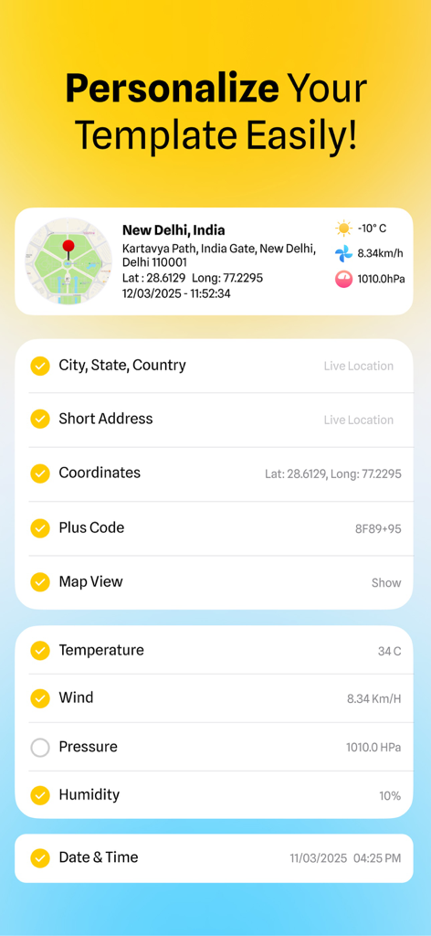 Interface of MapCam app showing options to customize photo stamps with GPS coordinates, address, and weather data