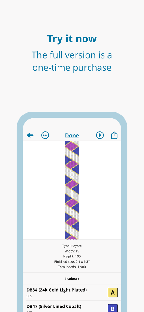 Loomerly: Loom, peyote & brick - Loomerly mobile app interface displaying a geometric peyote stitch bead pattern with material list and one-time purchase promotion.