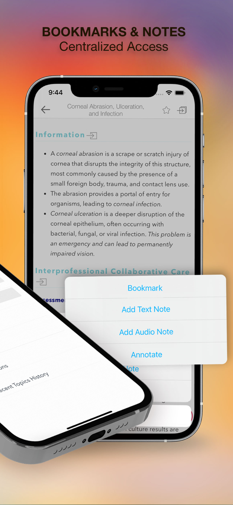 Interfaz de la aplicación Med-Surg Nursing que muestra opciones para agregar marcadores, notas de texto, notas de audio y anotaciones en una página de afección clínica.