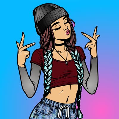 realistic teenage girl with braids and a beanie and crop top doing 🫶🏼