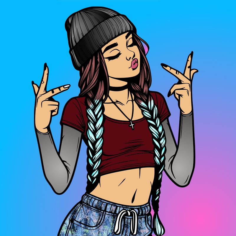 realistic teenage girl with braids and a beanie and crop top doing 🫶🏼