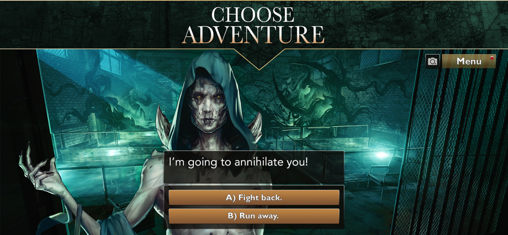 FallenRoad의 인터랙티브 선택 화면으로, 악마 캐릭터와 싸우거나 도망치는 옵션이 표시됩니다.