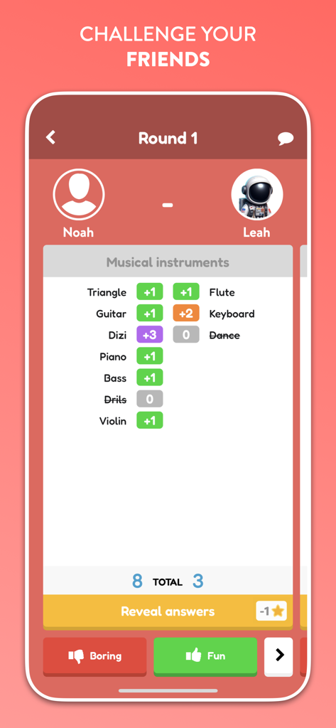 QuizUp app screenshot showing a head-to-head trivia match between two friends on the topic of musical instruments.