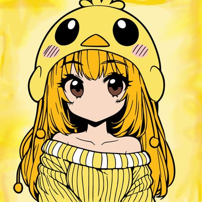 anime girl with chick shaped hat with sweater with bare shoulders with bangs covering them one eye with low tail
