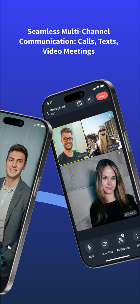 여러 참가자가 스마트폰에서 참여하는 화상 회의를 보여주는 Phound Phone 앱 인터페이스