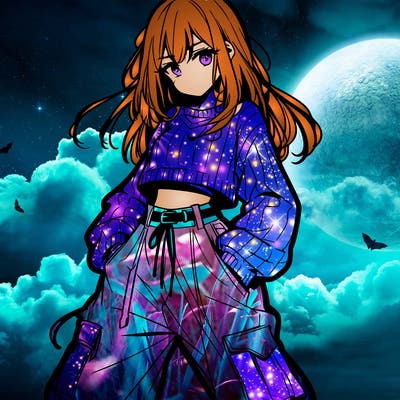 anime teen girl with baggy pants and crop top with sweater