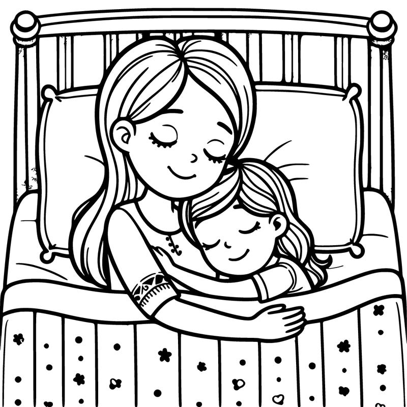 mom and daughter sleeping on a bed hug