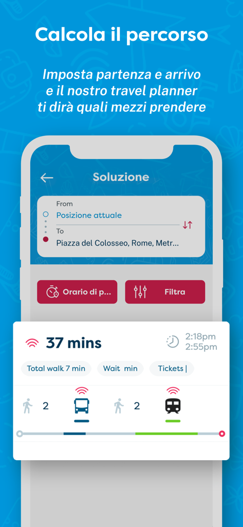 Cotral: trasporti nel Lazio - ローマのコロッセオへの公共交通機関ルート計算を表示するCotralモバイルアプリ