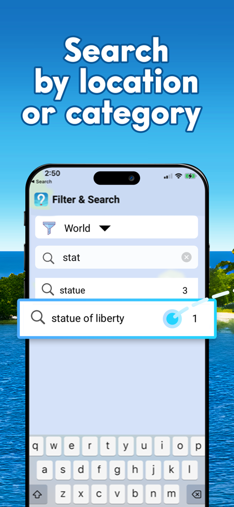 Pinpoint Where: Places to Know - App screenshot showing the search by location or category interface with a search for Statue of Liberty.