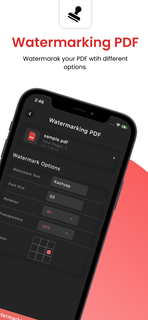 PDF Utils - Split,Merge & More - Interface of PDF Utils app showing customization options for adding a text watermark to a document