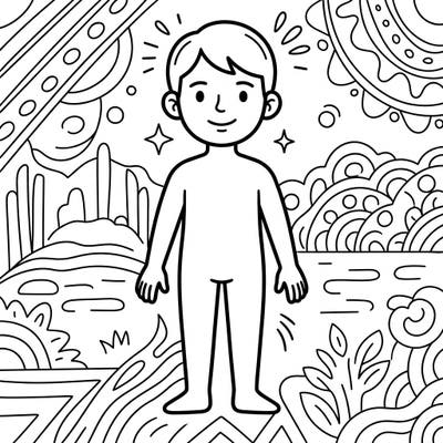 Ignite your child's imagination with this delightful coloring page featuring a friendly human figure. Surrounded by whimsical nature-inspired patterns, it's perfect for young artists exploring their world.