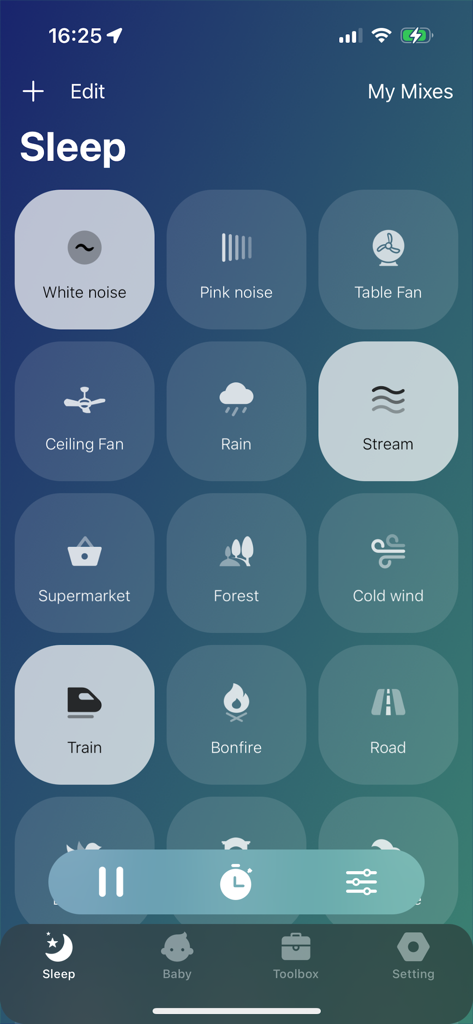 Lull - White Noise For Sleep - Un'interfaccia di app mobile che mostra una griglia di icone sonore per il sonno, inclusi rumore bianco, pioggia e suoni di ventilatore.