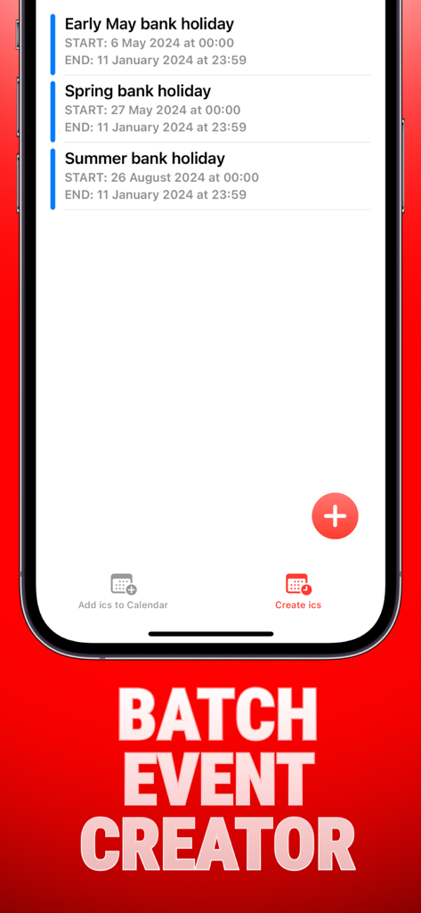 Import ics files : ICSKit - ICSKit-App-Oberfläche, die die Funktion zur Stapelerstellung von Ereignissen mit einer Liste von Feiertagen zeigt