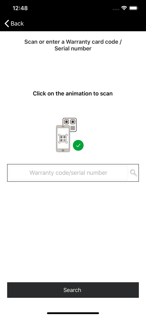 ZWA - Zenith Watches - Zenith ZWAアプリのインターフェース。時計の保証カードコードまたはシリアル番号をスキャンまたは入力します。