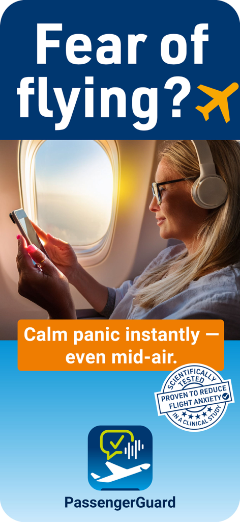 PassengerGuard: Fear of Flying - Una mujer usando la aplicación PassengerGuard en un avión para controlar la ansiedad al volar