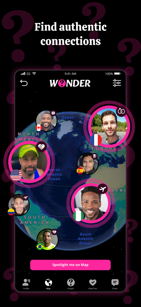 Interface do aplicativo de namoro gay Wonder mostrando um mapa mundial com fotos de perfil de homens de diferentes países.