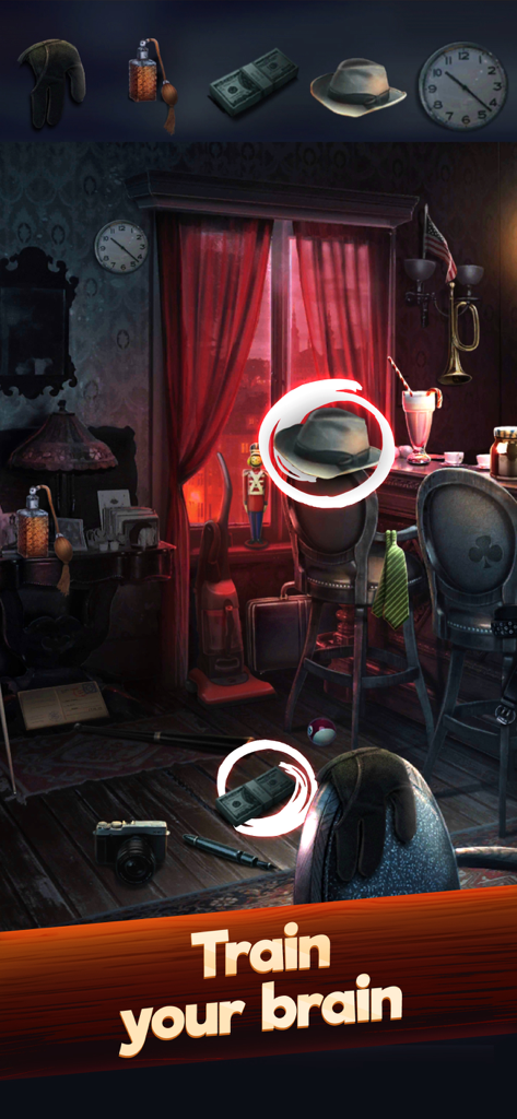 Hidden Objects: Find them all - A detective themed hidden object game scene with items like a hat and money highlighted in a dark room