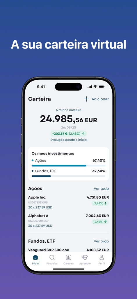 DECO PROteste Investe - Ecrã do simulador de carteira de investimentos virtual na aplicação DECO PROteste Investe.